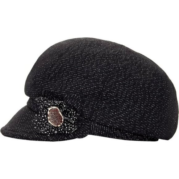Women\'s Black Cotton Cabbie Cap Beret Hats with Flower Buckle main image 5